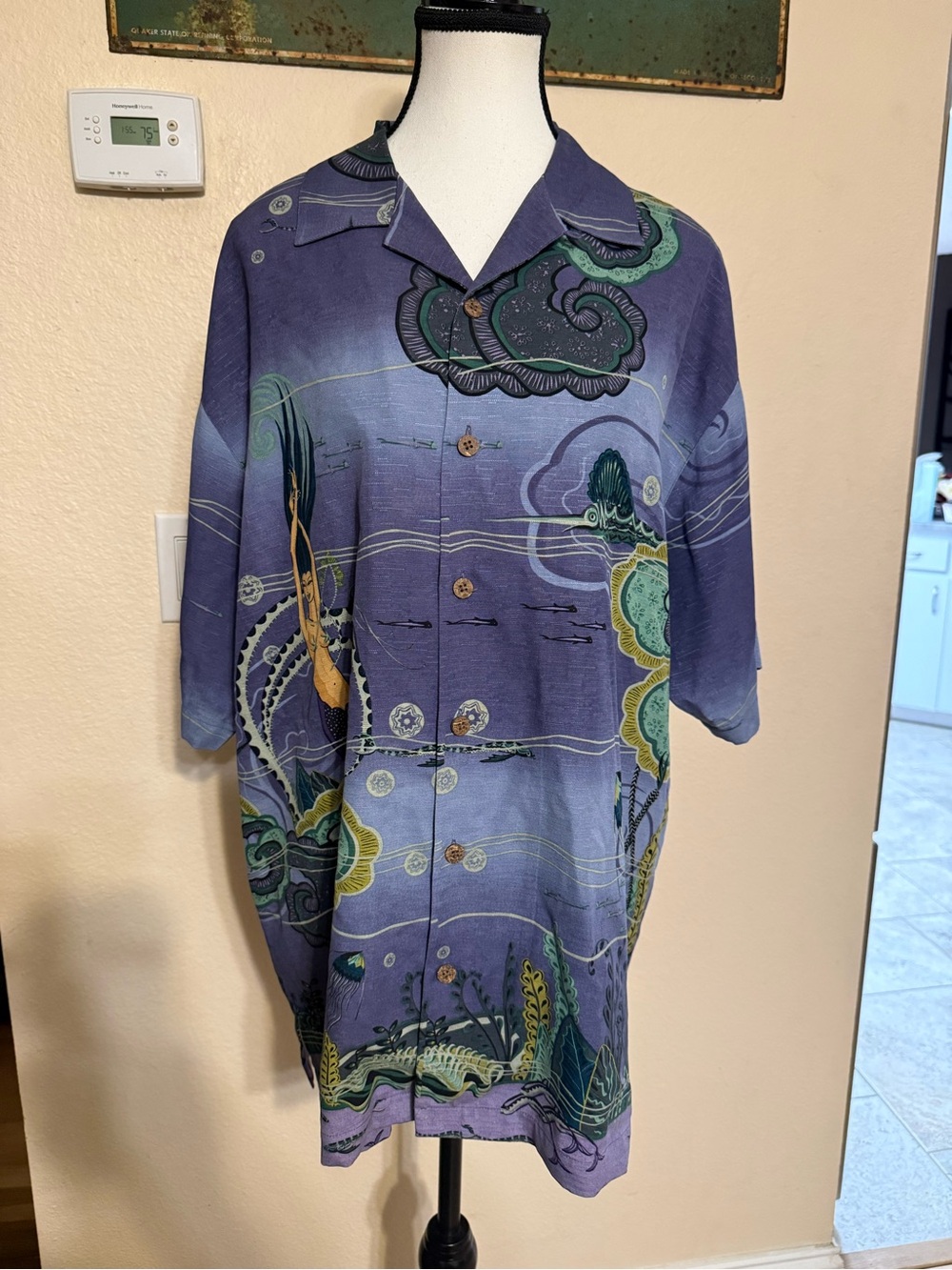 Vintage Tommy Bahama Shirt Mens Purple Silk Underwater Camp Mermaid Print Y2K M